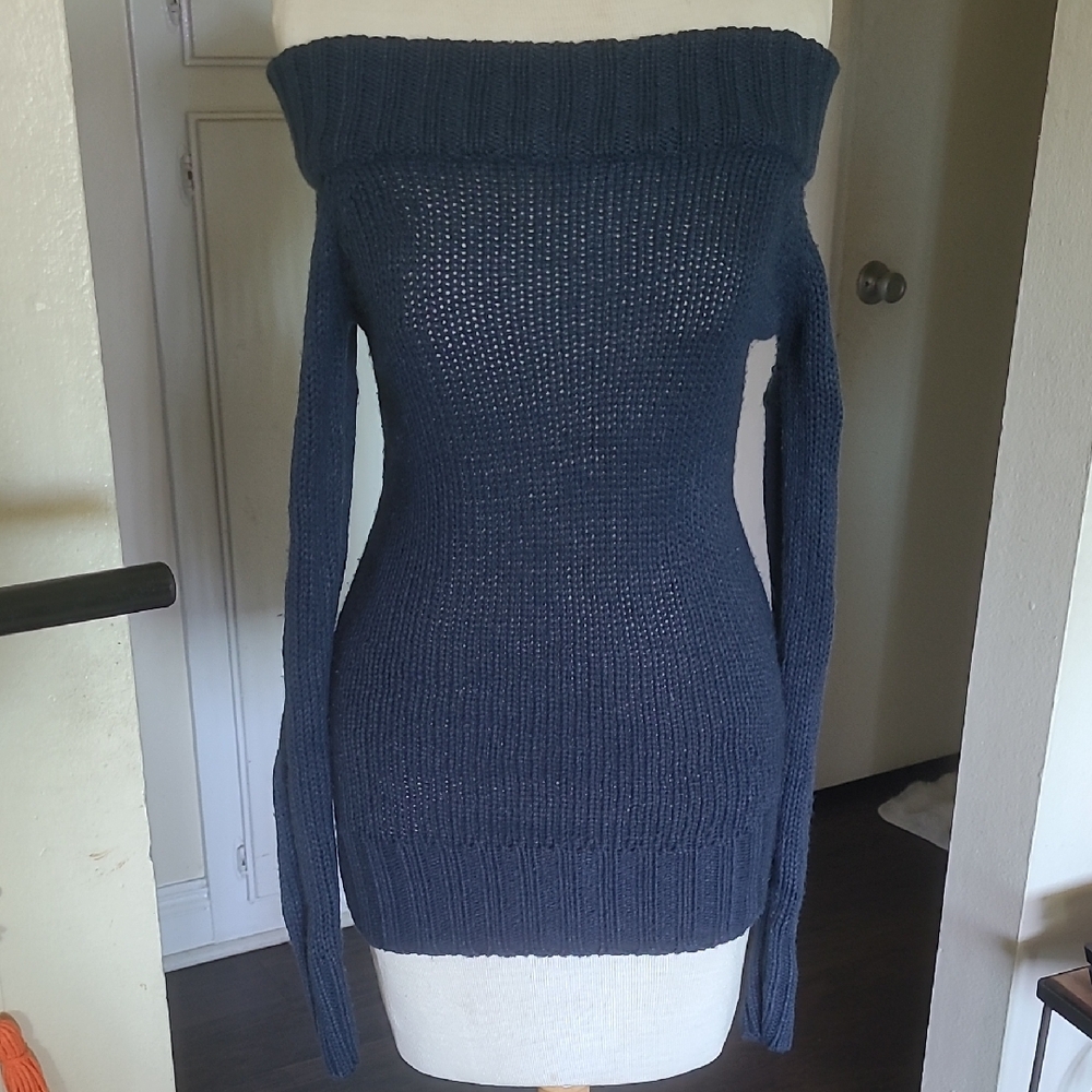 Decree Off-Shoulder Dark Blue Sweater